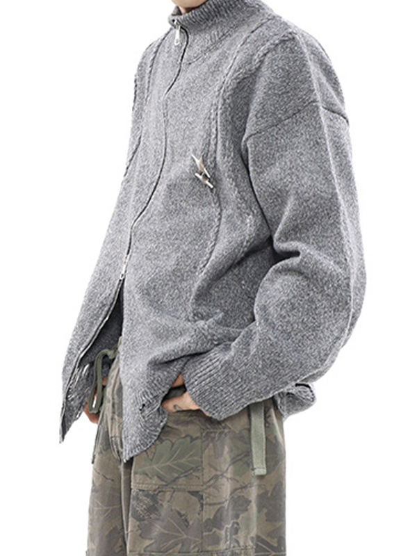 Men's Solid Ripped Metal Decor Cardigan Sweater-2