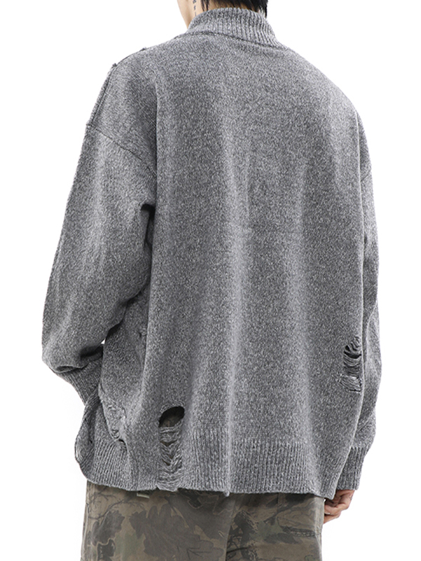 Men's Solid Ripped Metal Decor Cardigan Sweater-4