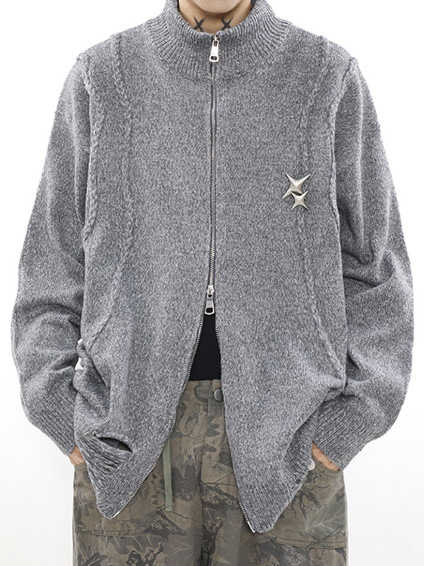 Men's Solid Ripped Metal Decor Cardigan Sweater-1