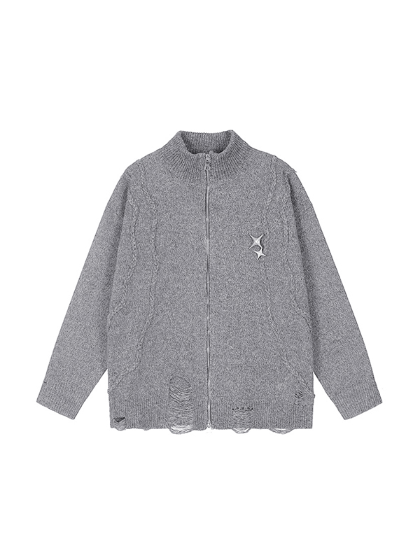 Men's Solid Ripped Metal Decor Cardigan Sweater-5