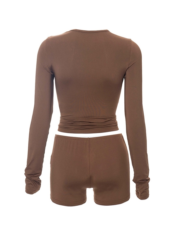 Solid Breasted Long Sleeve Tee&Low Rise Shorts Set-3