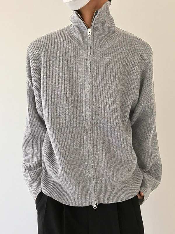 Men's Solid Color Zipper Cardigan Sweater-1
