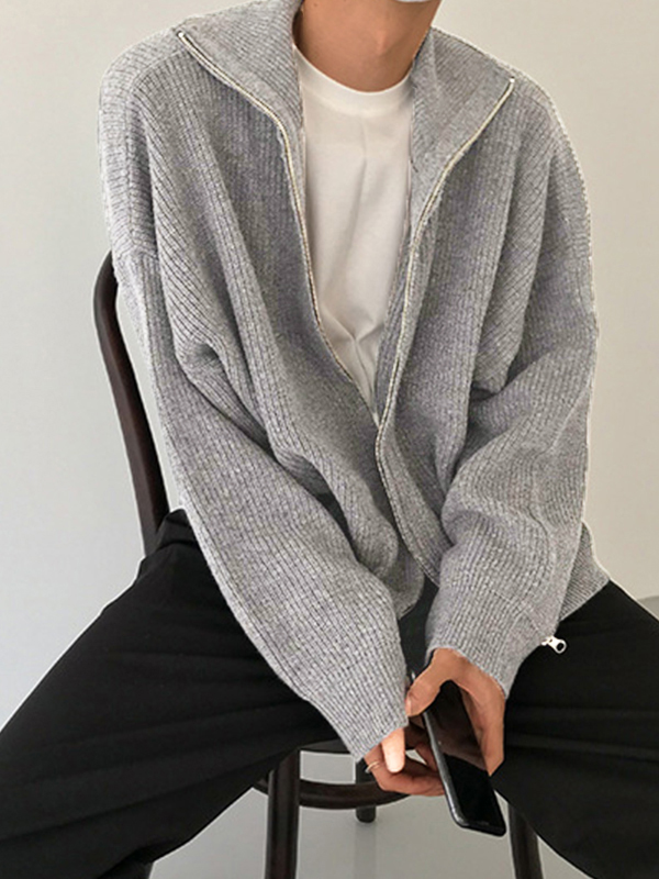 Men's Solid Color Zipper Cardigan Sweater-2