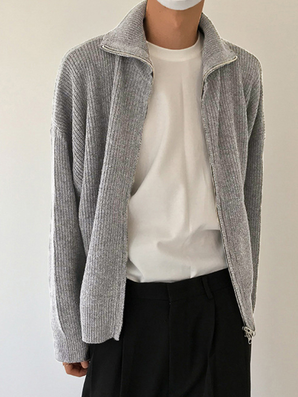 Men's Solid Color Zipper Cardigan Sweater-5