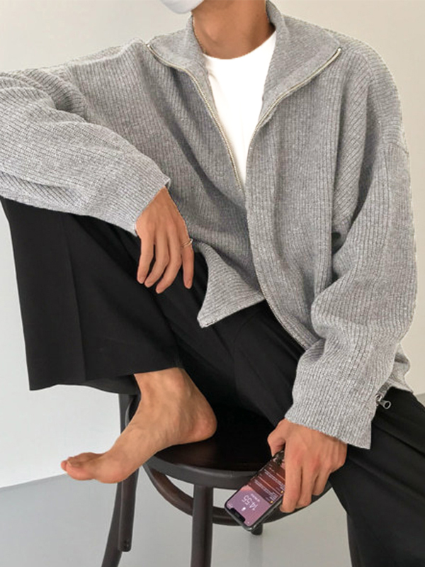 Men's Solid Color Zipper Cardigan Sweater-4