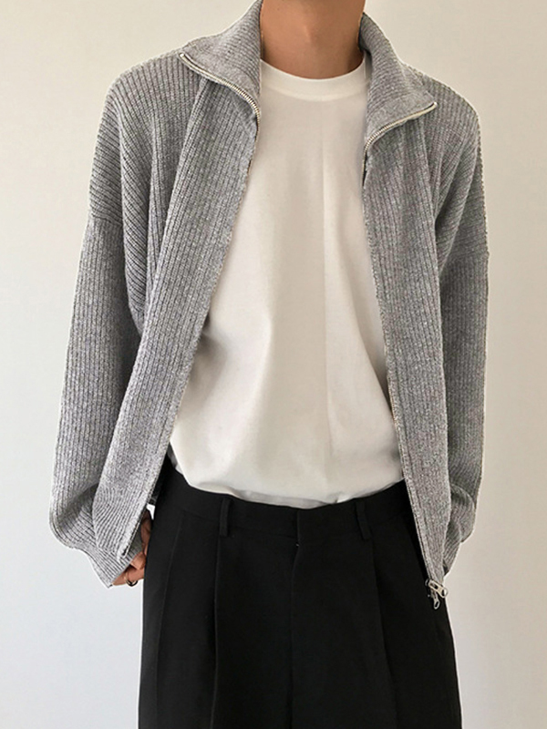 Men's Solid Color Zipper Cardigan Sweater-3