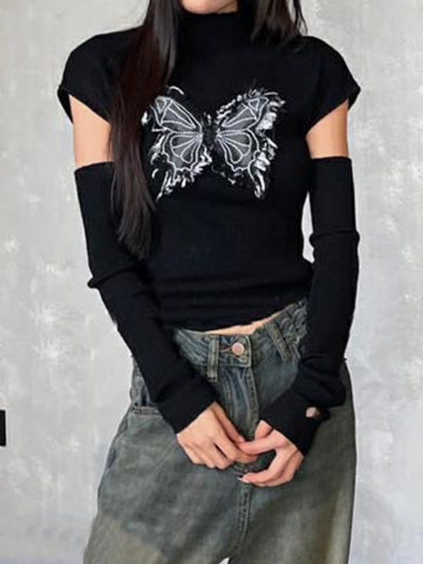 Butterfly Patch Mock Neck With Cuff Long Sleeve Knit-2